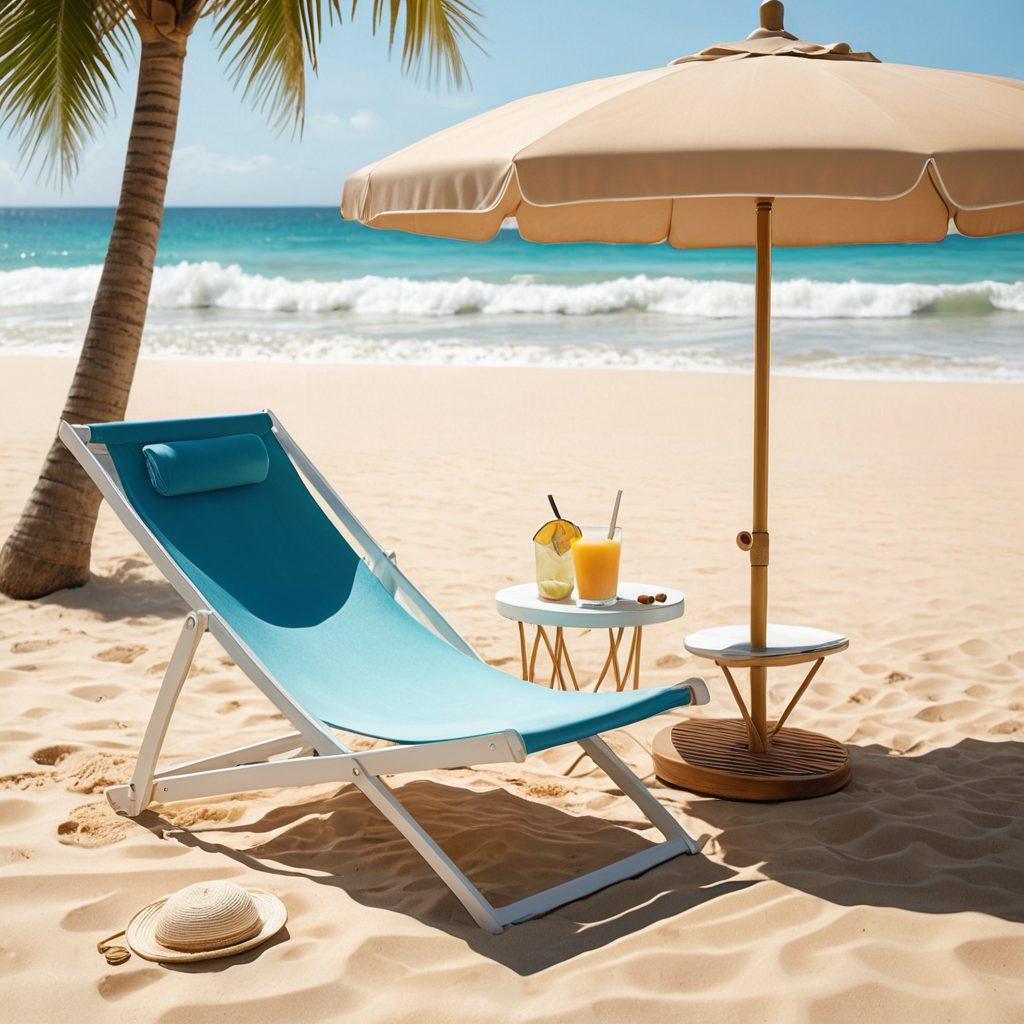 A serene beach scene with a stylish minimalist swimsuit displayed on a sunlit lounge chair, surrounded by soft sand and gentle waves. Include a tropical drink and sunglasses nearby, evoking a sense of relaxation and summer fun. The color palette should convey tranquility and warmth with soft blues and creamy whites. super-realistic. vibrant colors. natural lighting.