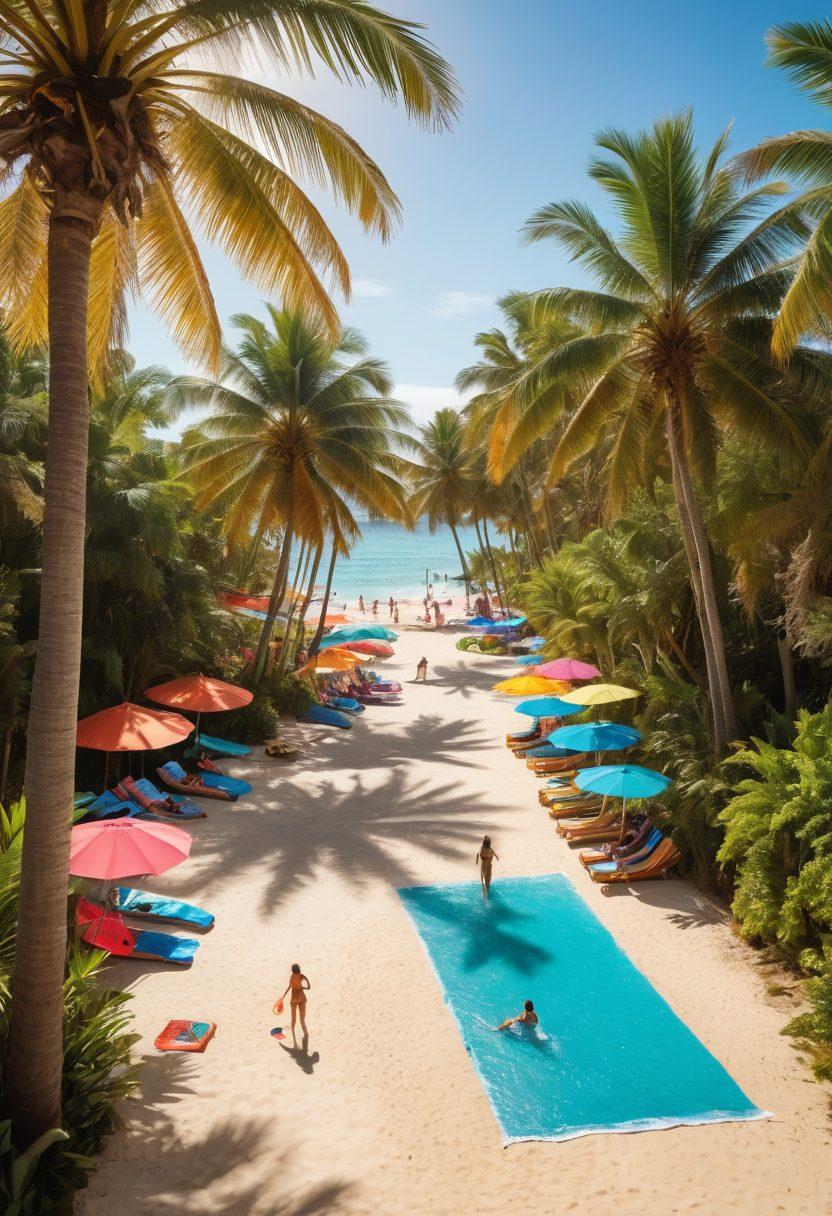 A stylish beach scene showcasing diverse bikini styles, with a split view: one side displaying energetic water sports like surfing and paddleboarding, and the other side featuring sunbathers relaxing on towels under umbrellas. Include elements of water splashes, bright sun, and tropical palm trees for vibrancy, highlighting the versatility of the bikinis. Capture the essence of summer fun and relaxation in a dynamic setting. super-realistic. vibrant colors. high detail.